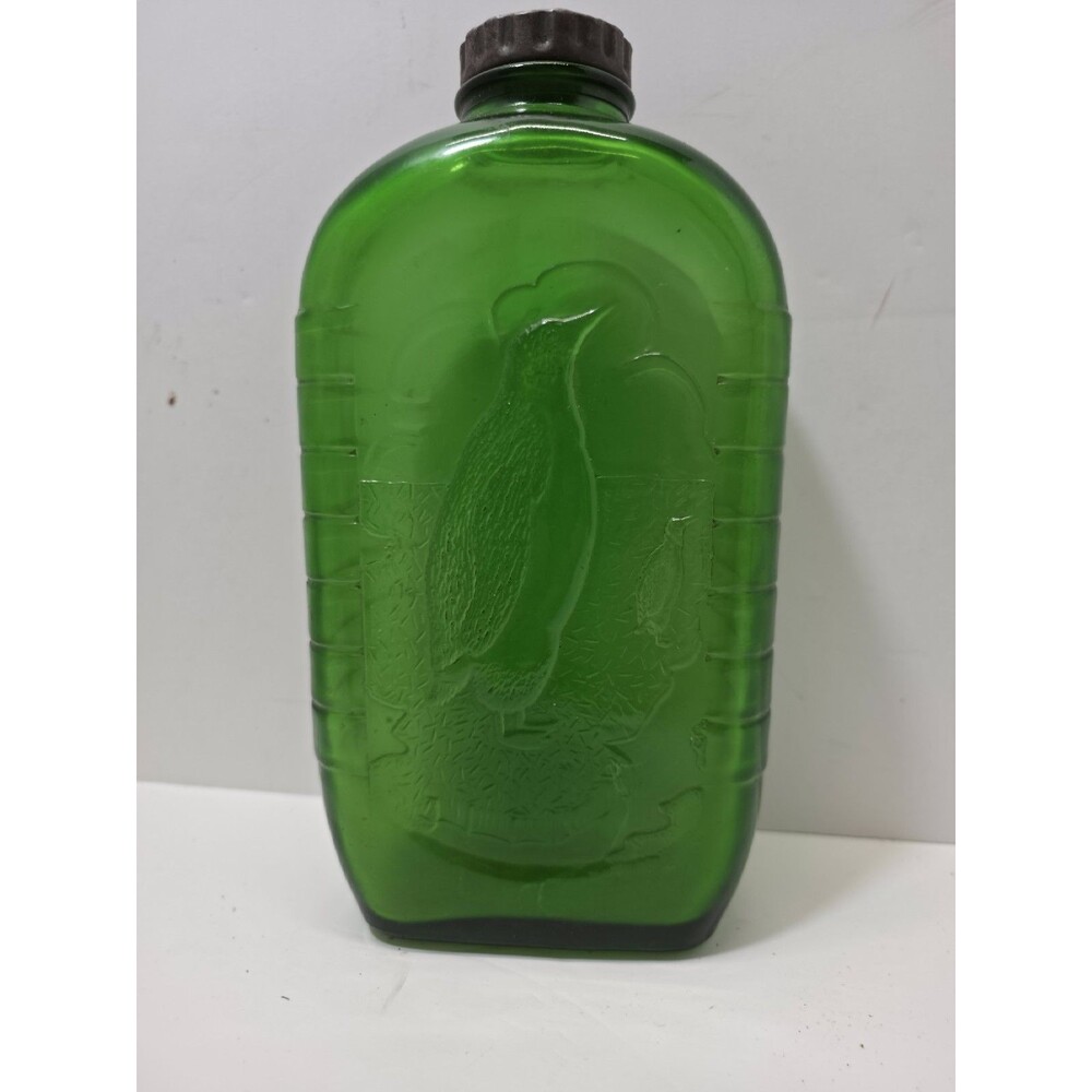 Art Deco Emerald Green Glass Refrigerator Water Bottle w/ Penguins